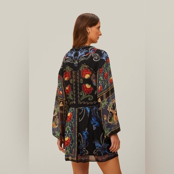 FARM RIO Black Mixed Arabesque Scarves Long Sleeve Mini Dress S - Picture 4 of 9